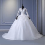 Elegant V-Neck Wedding Dresses Long Sleeve Tulle Lace Applique Bridal Gown Train