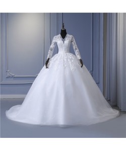 Elegant V-Neck Wedding Dresses Long Sleeve Tulle Lace Applique Bridal Gown Train