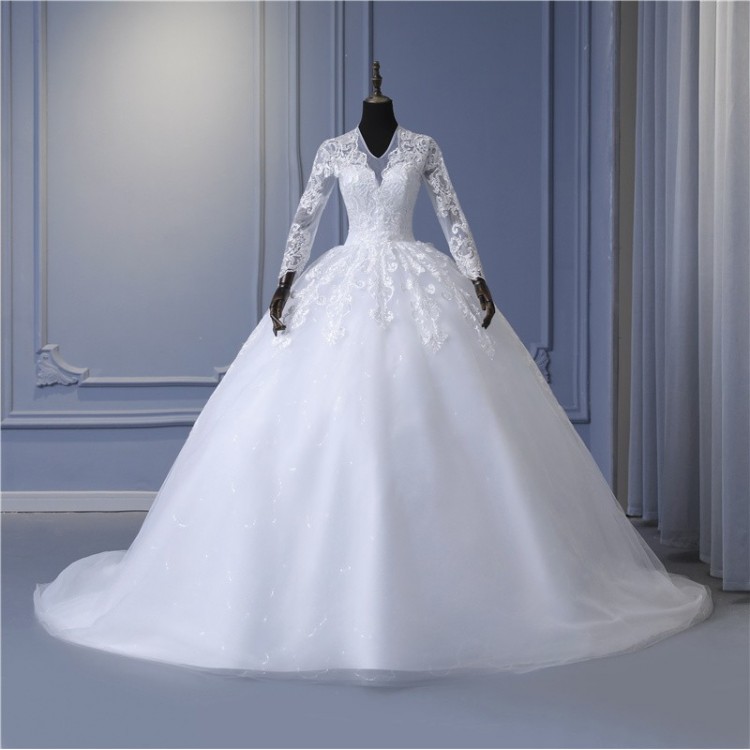 Elegant V-Neck Wedding Dresses Long Sleeve Tulle Lace Applique Bridal Gown Train