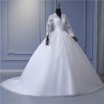 Elegant V-Neck Wedding Dresses Long Sleeve Tulle Lace Applique Bridal Gown Train