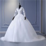 Elegant V-Neck Wedding Dresses Long Sleeve Tulle Lace Applique Bridal Gown Train